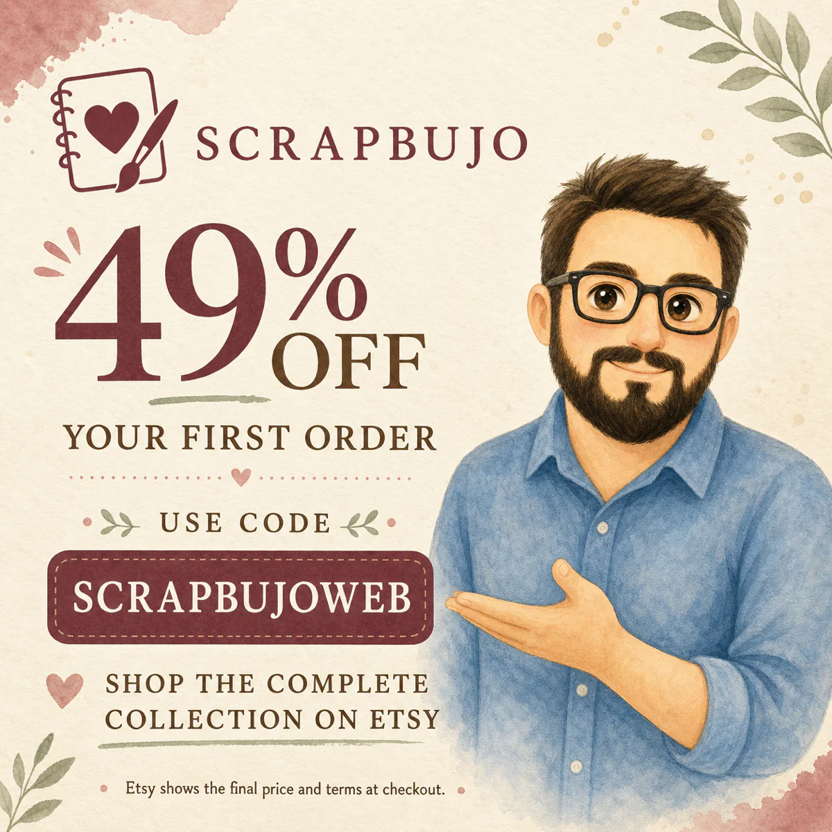 Juan from ScrapBujo presents a 49% first-order Etsy coupon using code SCRAPBUJOWEB