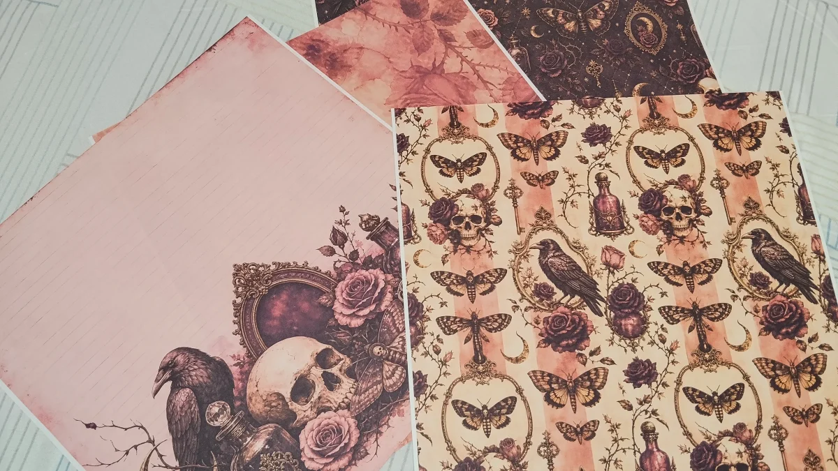 Gothic botanical Halloween scrapbook papers printed at home in pink, plum, cream and black