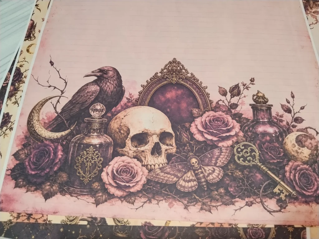 Printed pink Gothic journal page with lined writing space, raven, skull, roses and antique mirror