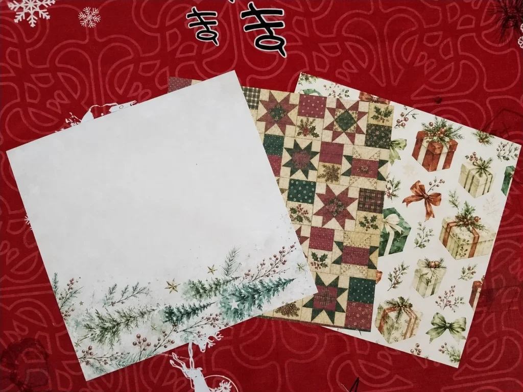 Rustic Christmas scrapbook paper print test with trees, quilt blocks and wrapped gifts