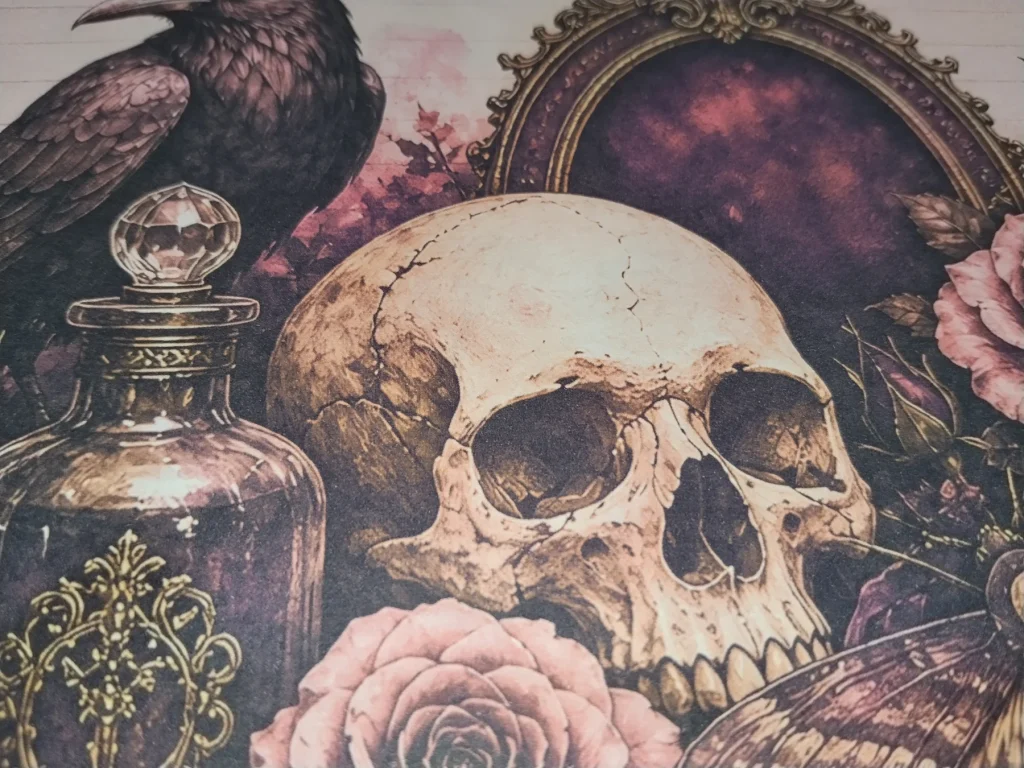 Close-up of printed Gothic paper showing a raven, skull, crystal bottle, roses and antique mirror