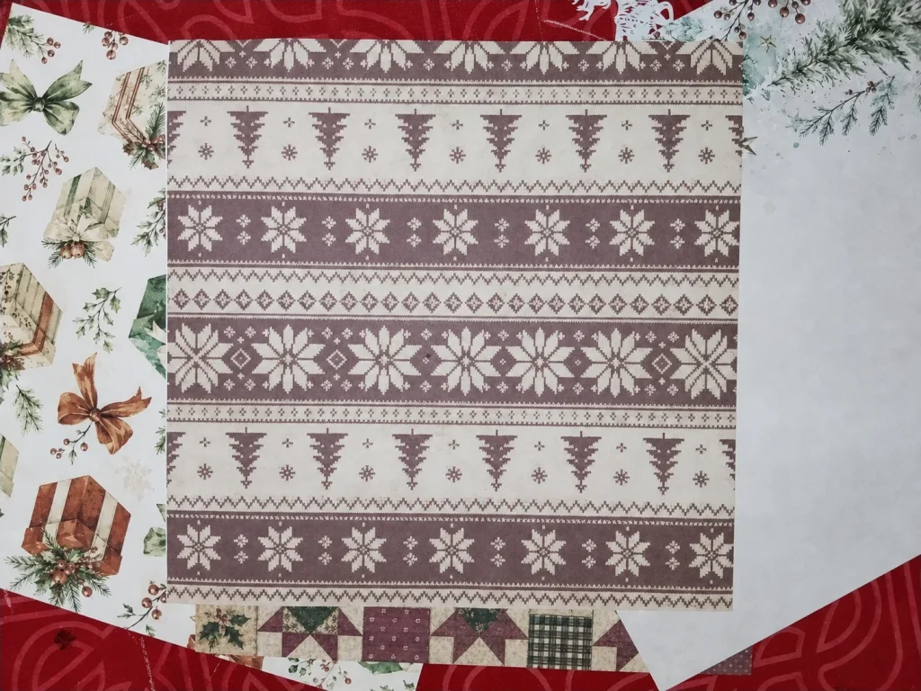 Printed Nordic Christmas pattern with snowflakes, trees and cream burgundy bands