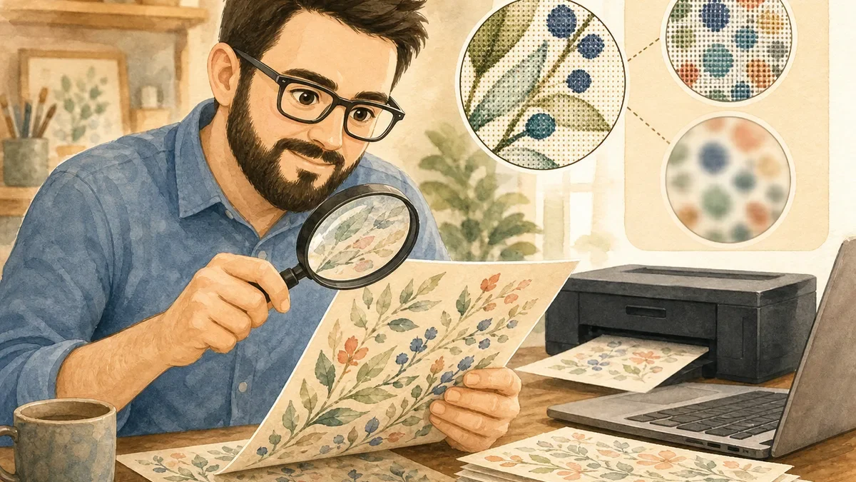 Juan inspecting the print detail of 300 DPI digital scrapbook paper