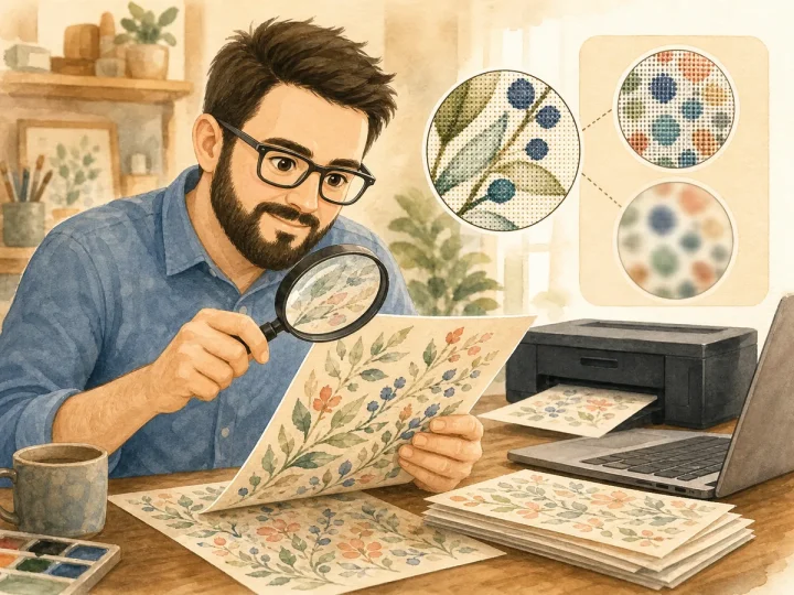 Juan inspecting the print detail of 300 DPI digital scrapbook paper