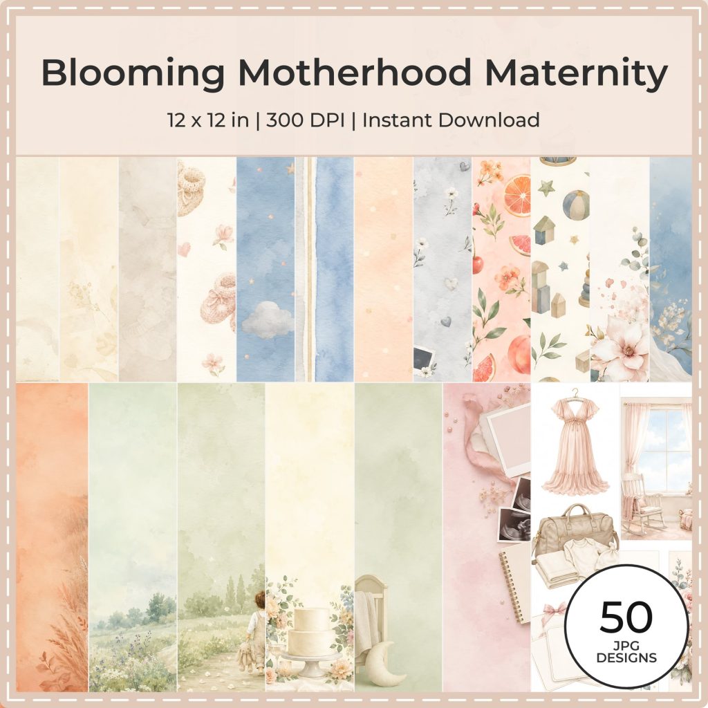 Blooming Motherhood Maternity Watercolor baby nursery digital paper collection preview