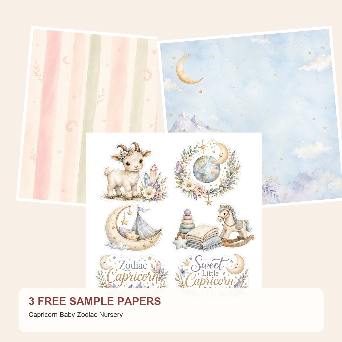 Free Capricorn Baby Zodiac Nursery – 3 Printable Scrapbook Paper Samples