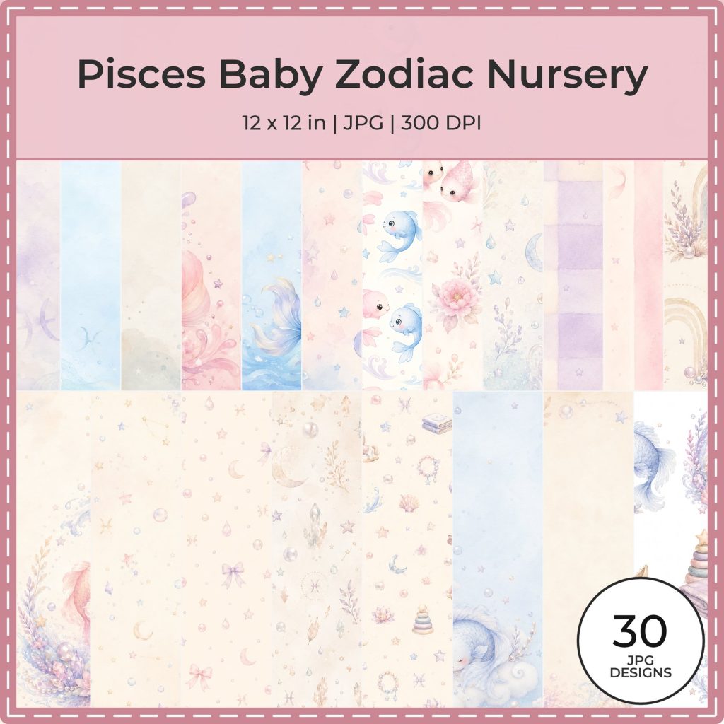 Pisces Baby Zodiac Nursery Digital Scrapbook Papers baby nursery digital paper collection preview
