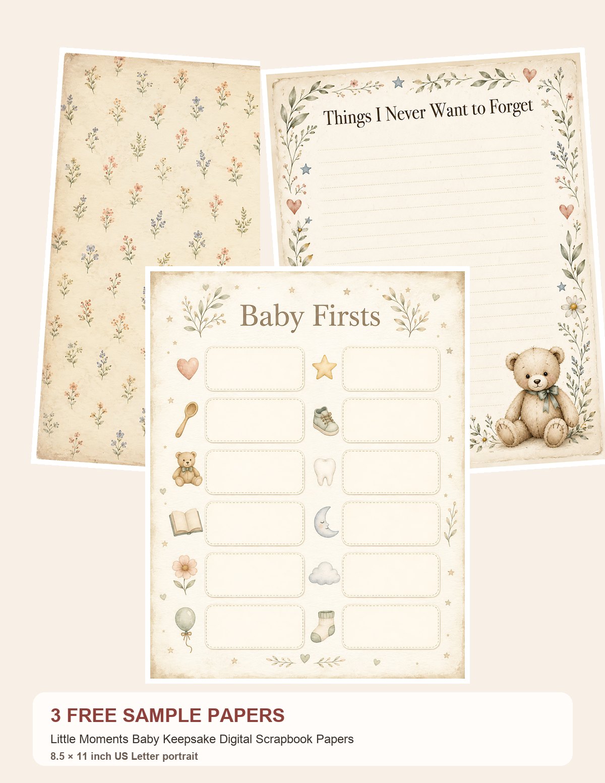 Free Little Moments Baby Keepsake Digital Scrapbook Papers – 3 Printable Scrapbook Paper Samples