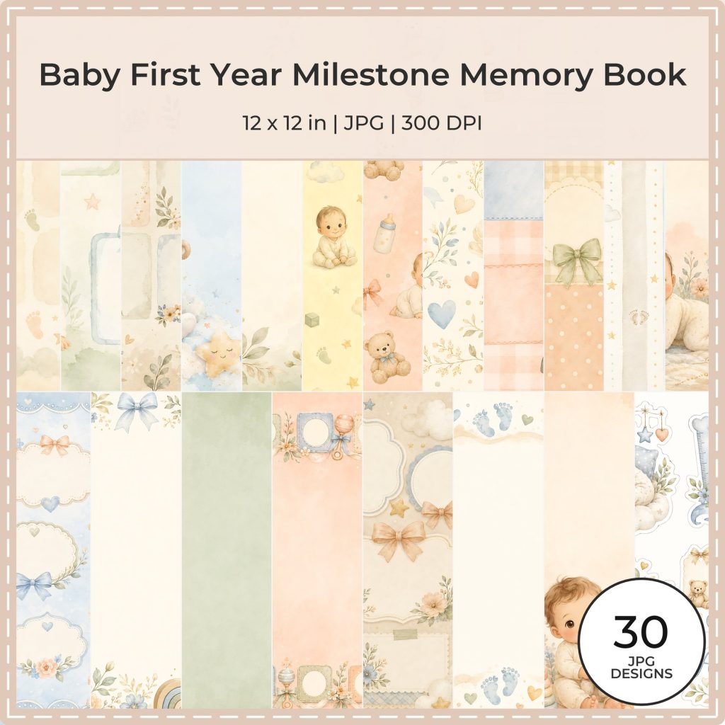 Baby First Year Milestone Memory Book baby nursery digital paper collection preview