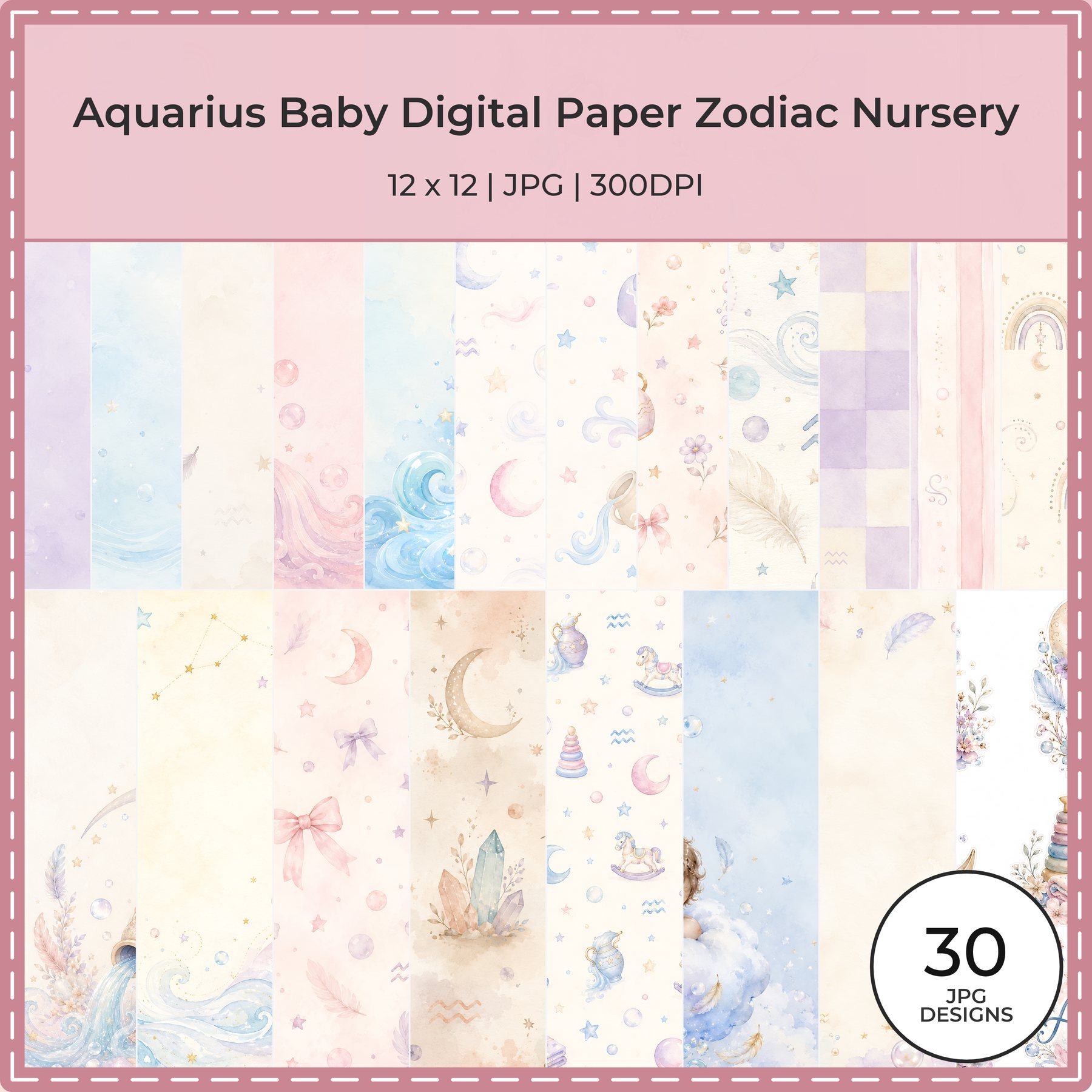 Aquarius Baby Digital Paper Zodiac Nursery