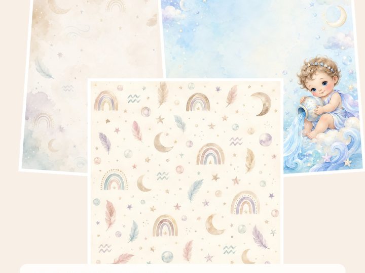 Free Aquarius Baby Digital Paper Zodiac Nursery – 3 Printable Scrapbook Paper Samples preview