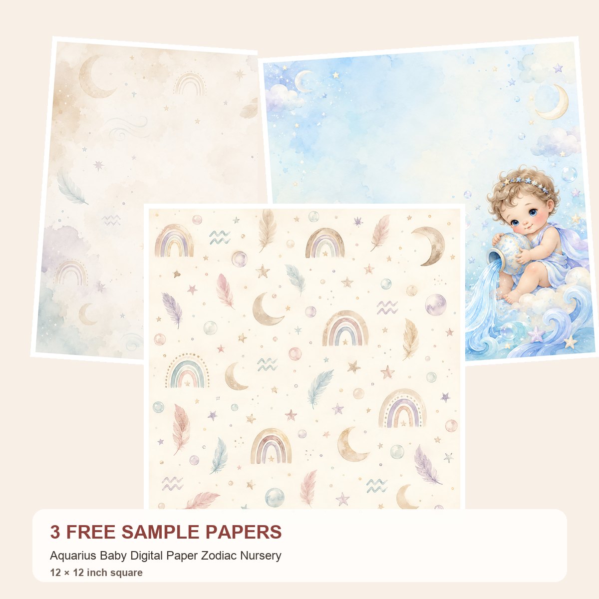 Free Aquarius Baby Digital Paper Zodiac Nursery – 3 Printable Scrapbook Paper Samples
