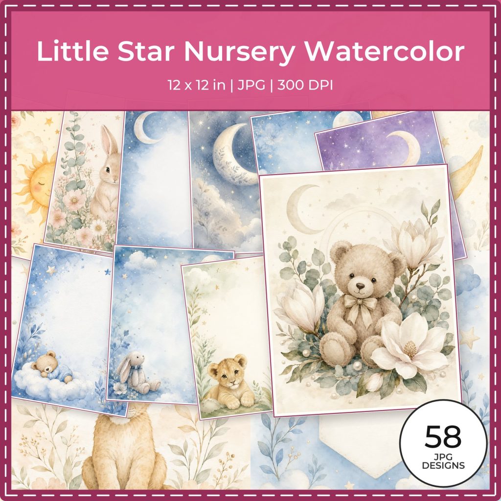 Little Star Nursery Watercolor baby nursery digital paper collection preview