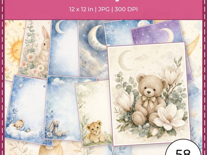 Baby nursery digital paper collection with soft watercolor moon, stars and coordinated scrapbook patterns