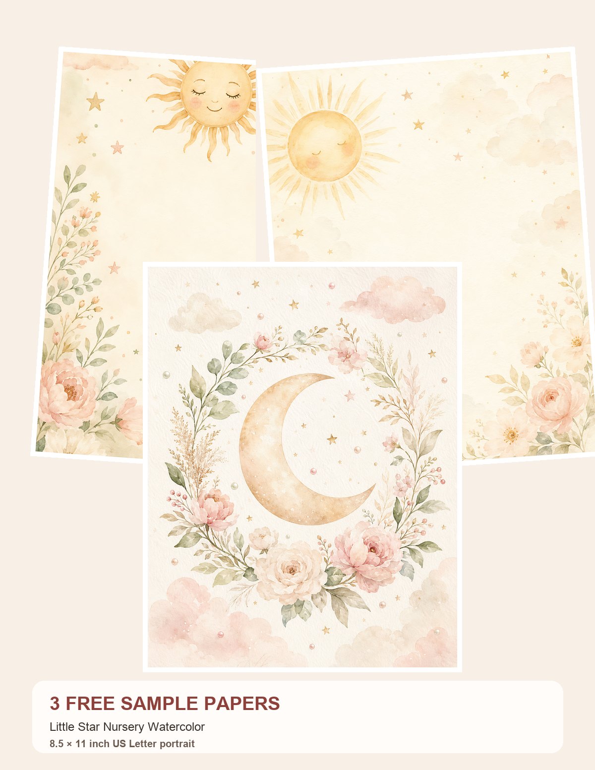 Free Little Star Nursery Watercolor – 3 Printable Scrapbook Paper Samples