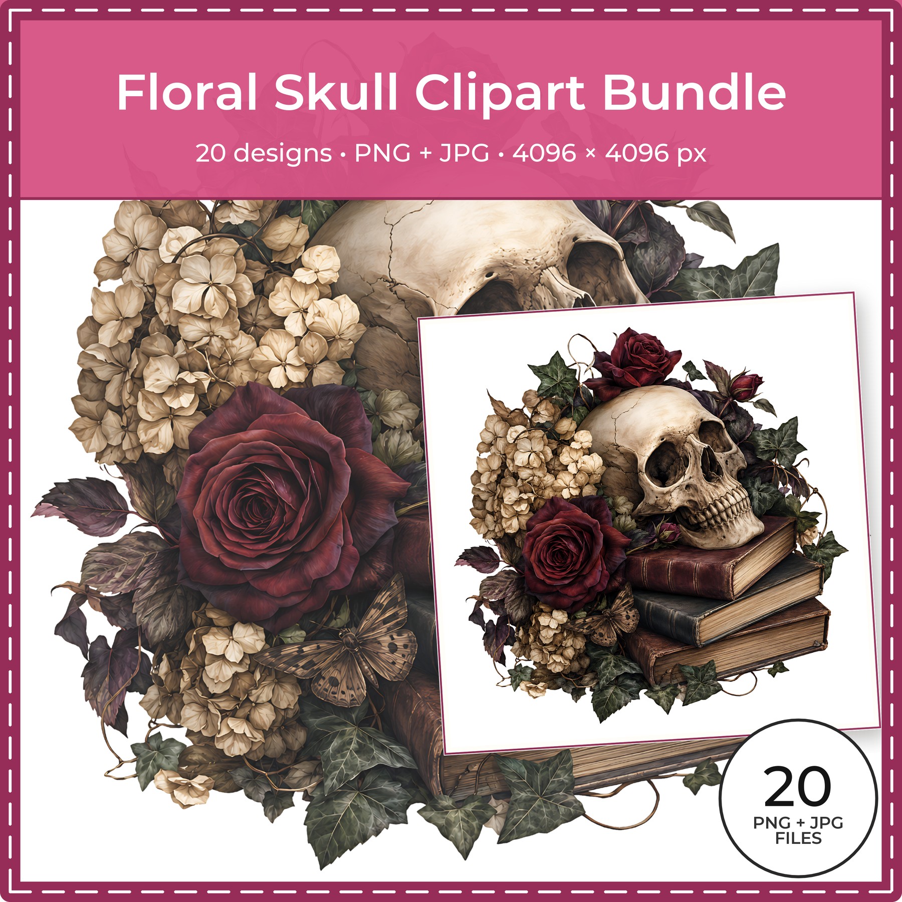 20 Floral Skull PNG Clipart Bundle for Gothic Crafts