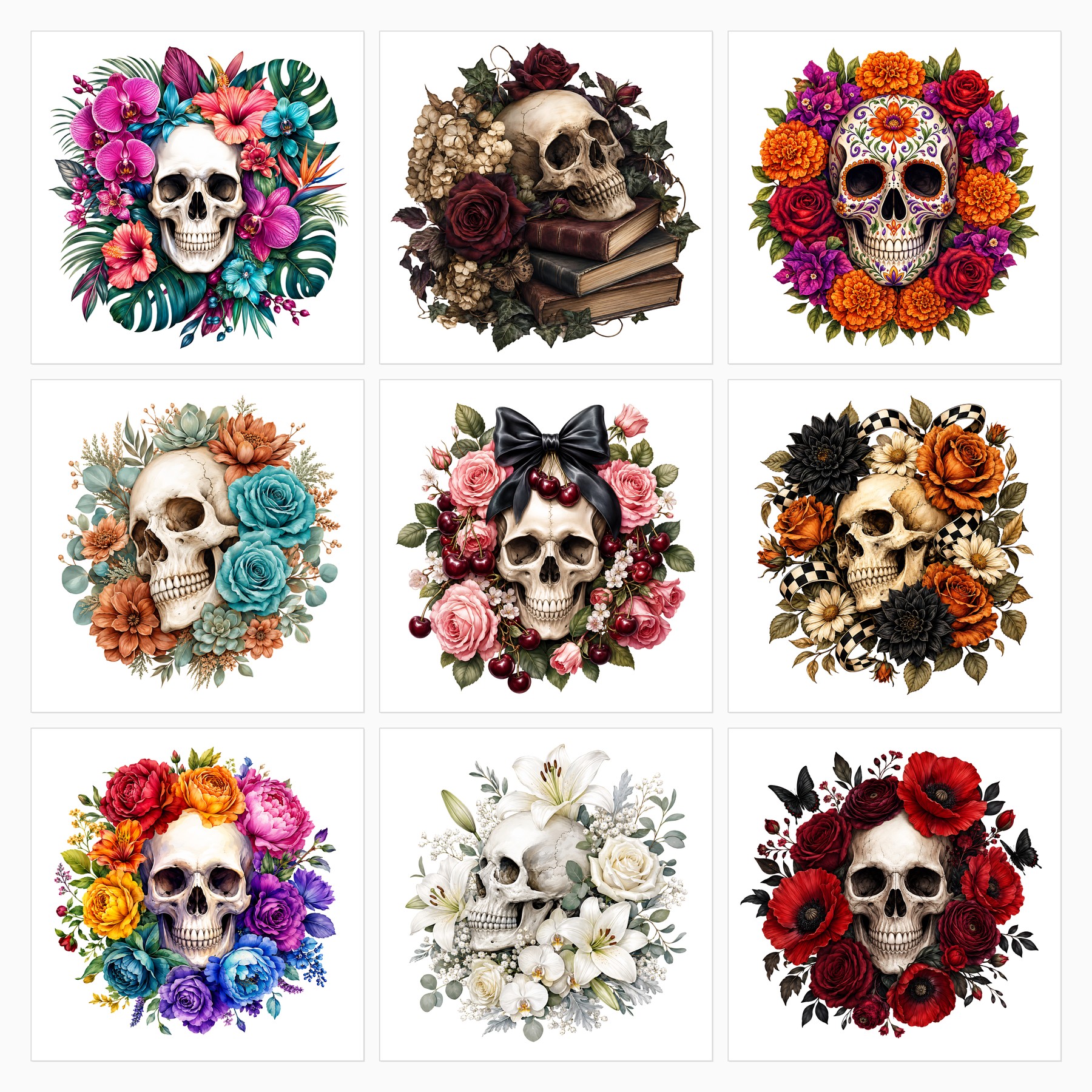 20 Floral Skull PNG Clipart Bundle for Gothic Crafts preview 2