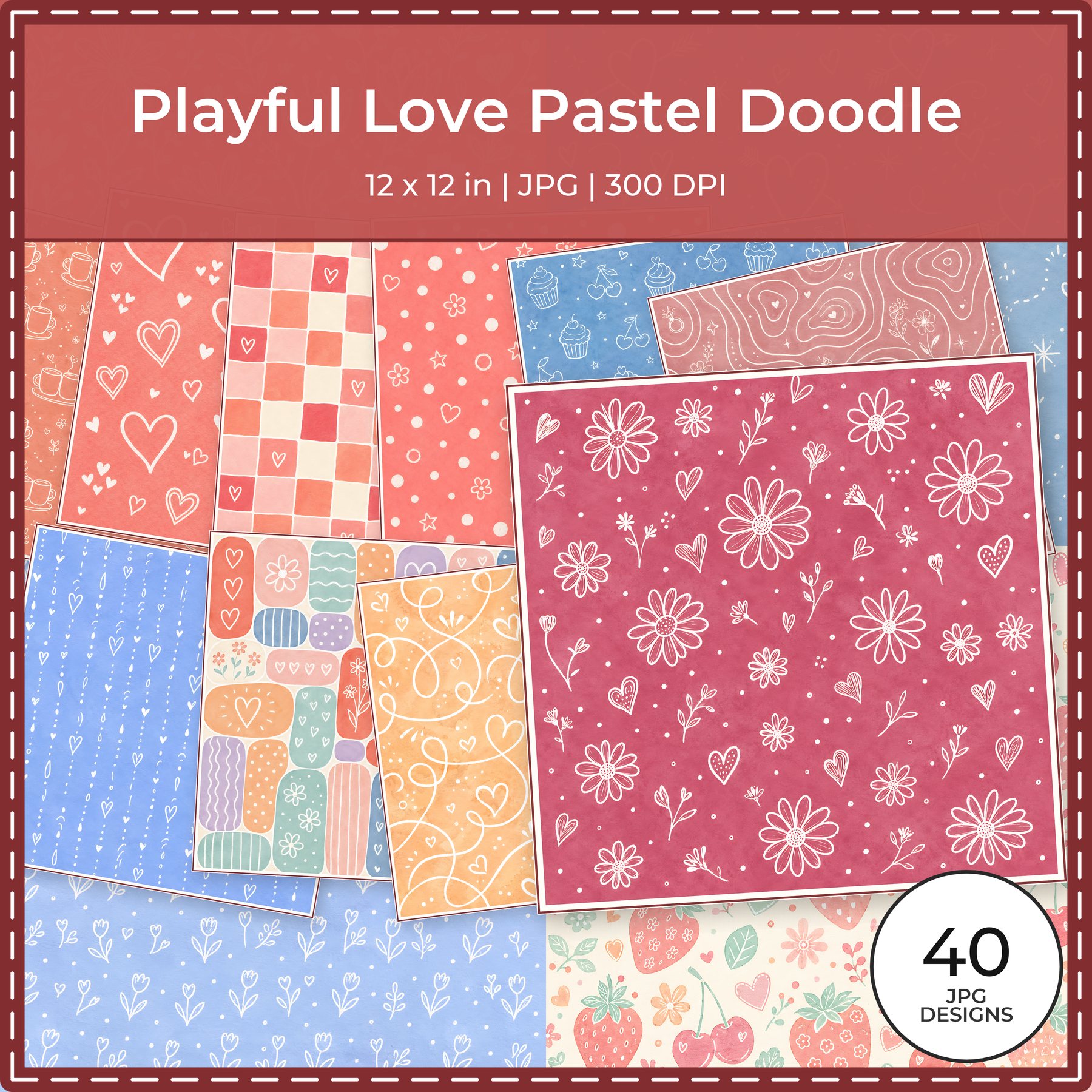 Playful Love Pastel Doodle Digital Scrapbook Paper Set