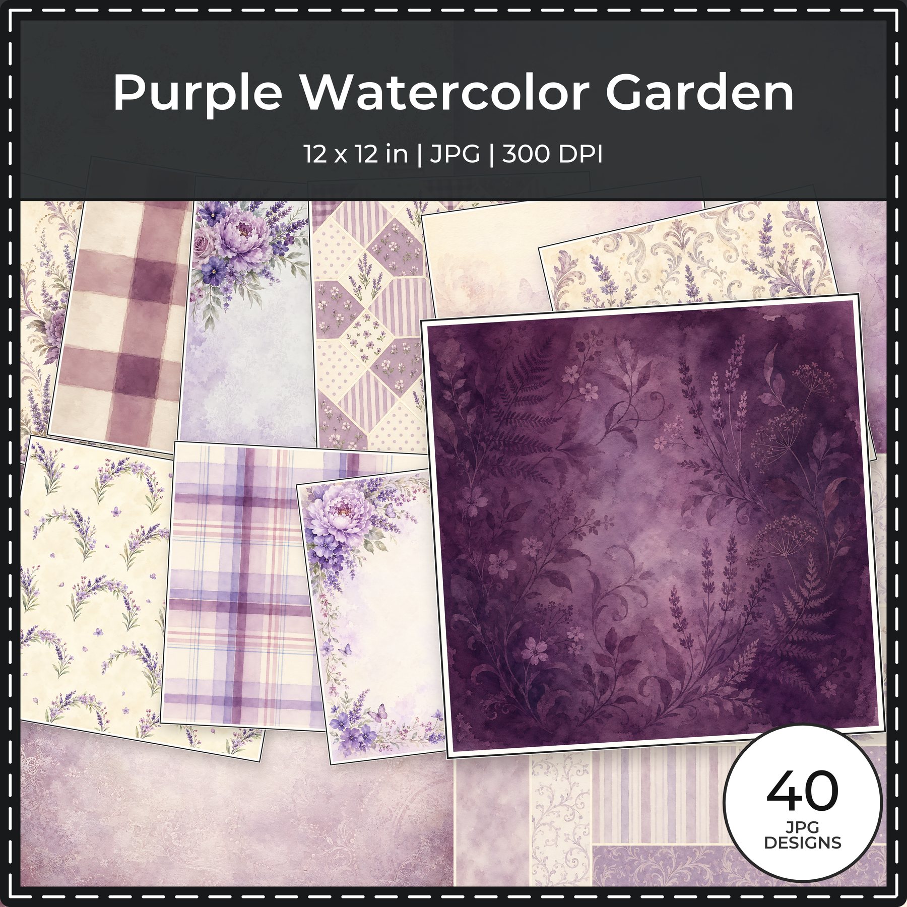 Purple Watercolor Garden Digital Scrapbook Paper