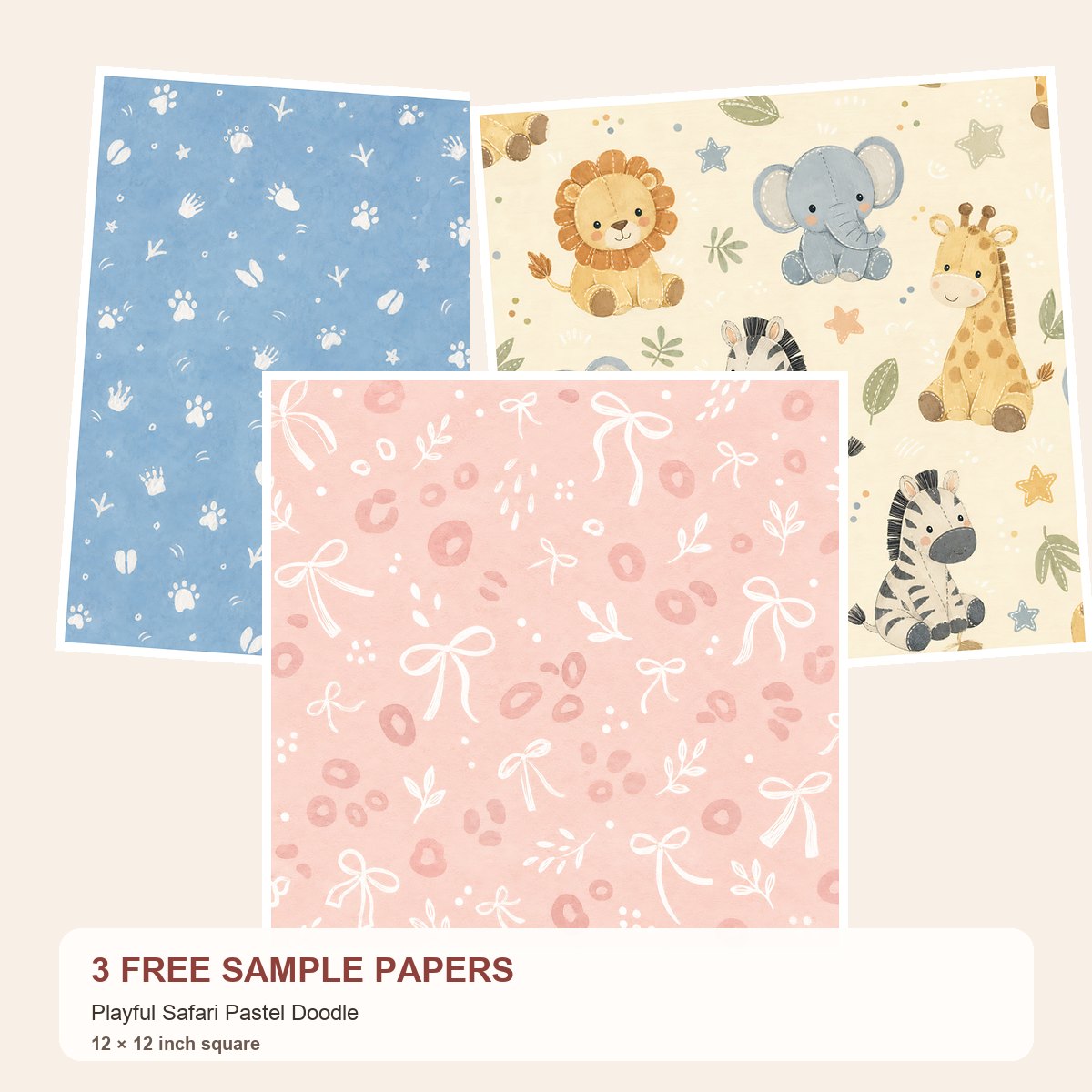 Free Playful Safari Pastel Doodle – 3 Printable Scrapbook Paper Samples