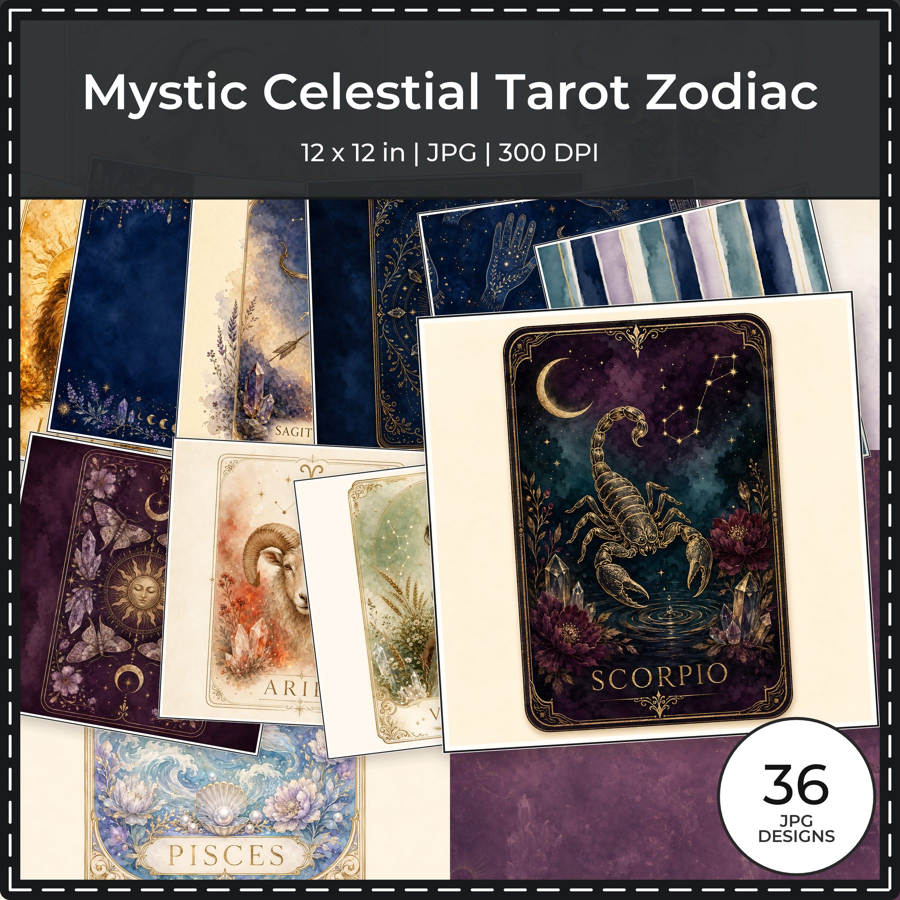 Mystic Celestial Tarot Zodiac Digital Scrapbook Paper