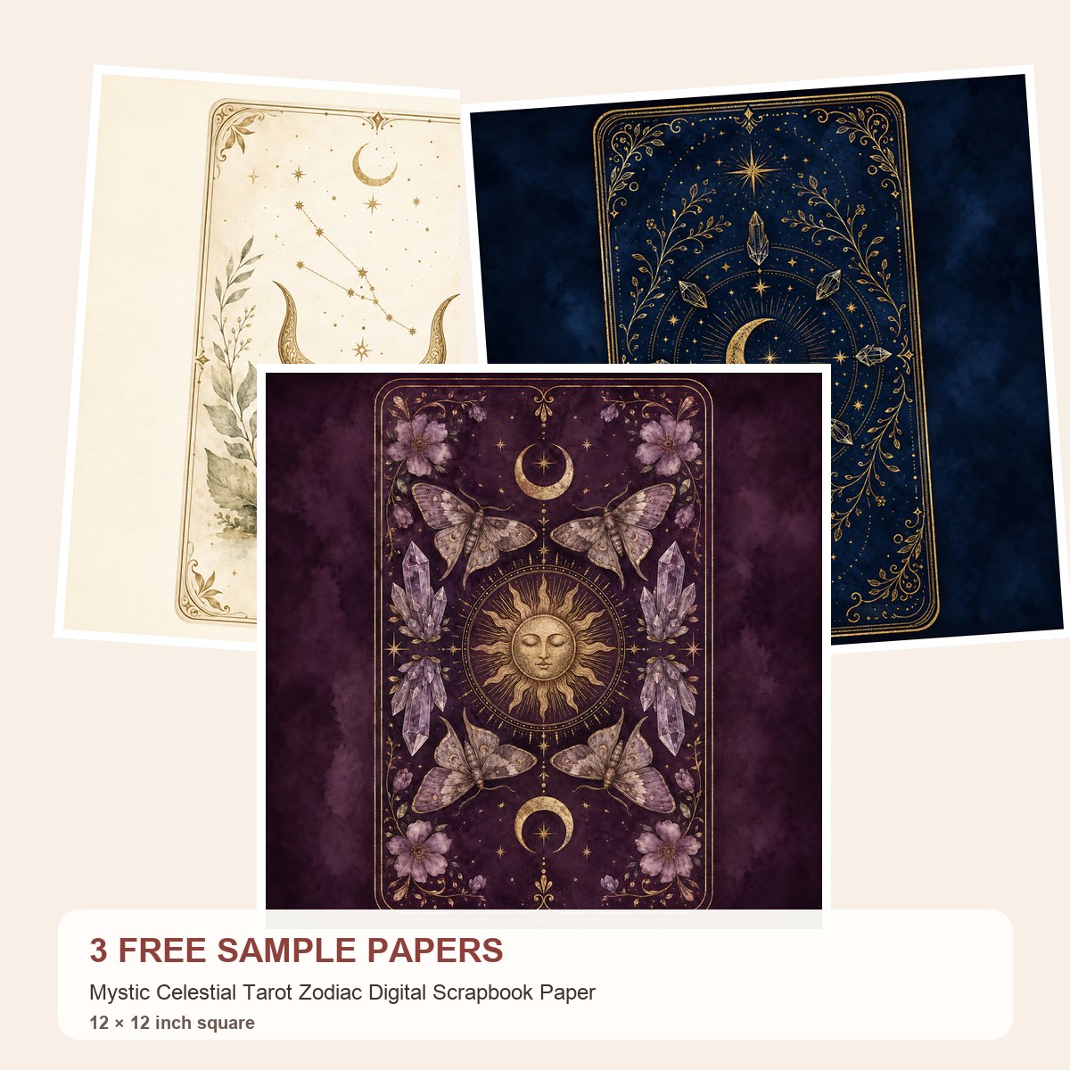 Free Mystic Celestial Tarot Zodiac – 3 Printable Scrapbook Paper Samples