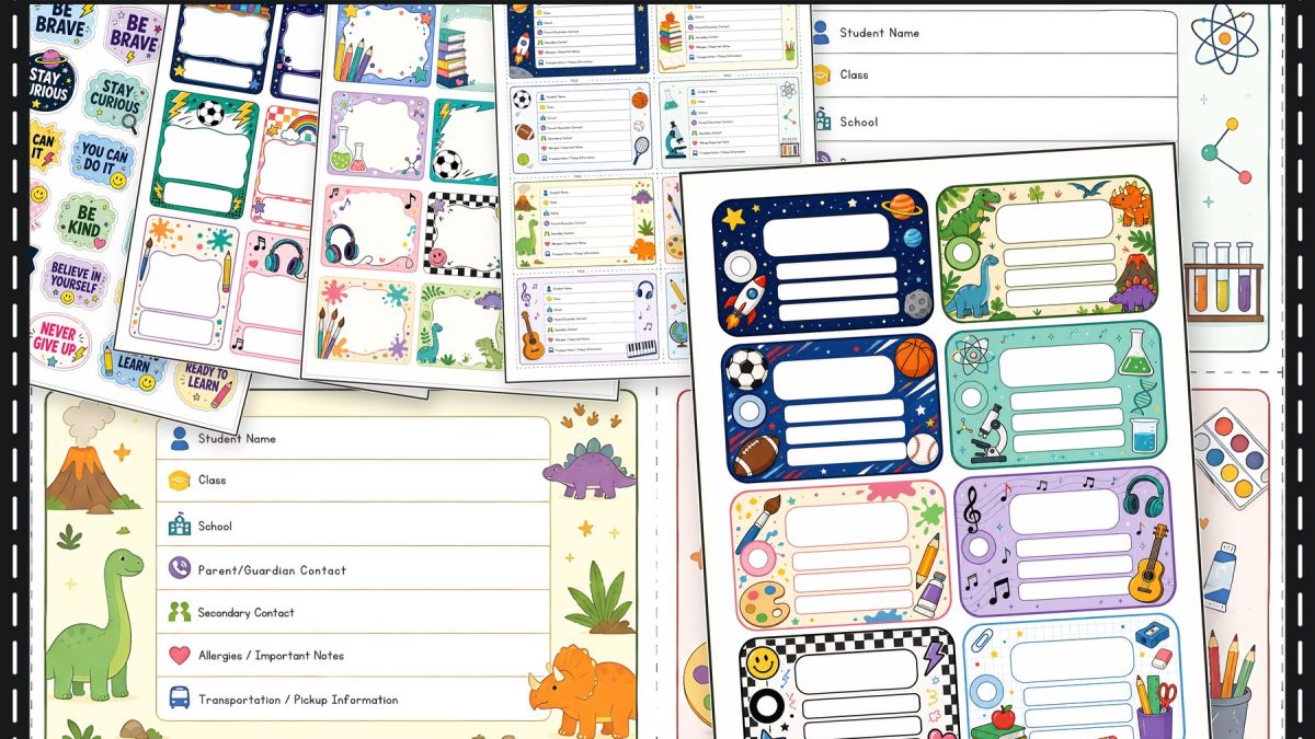 Colorful printable back-to-school labels, stickers, planners and school supply organization pages