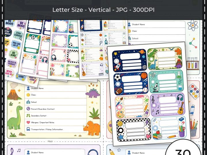 Colorful printable back-to-school labels, stickers, planners and school supply organization pages