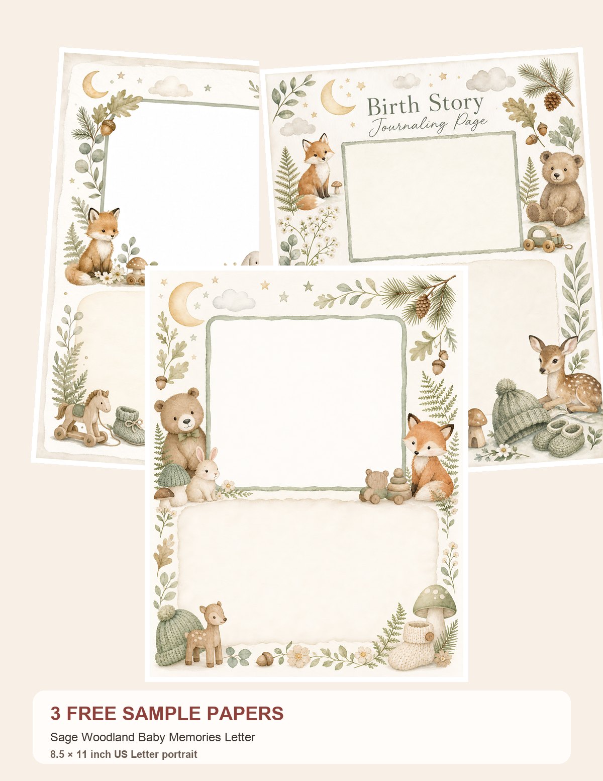 Free Sage Woodland Baby Memories Letter – 3 Printable Scrapbook Paper Samples