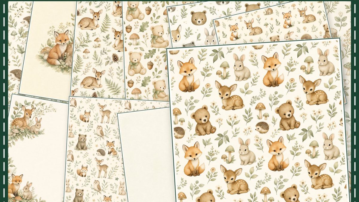 Sage green woodland baby digital papers with foxes, deer, rabbits, bears and botanical patterns