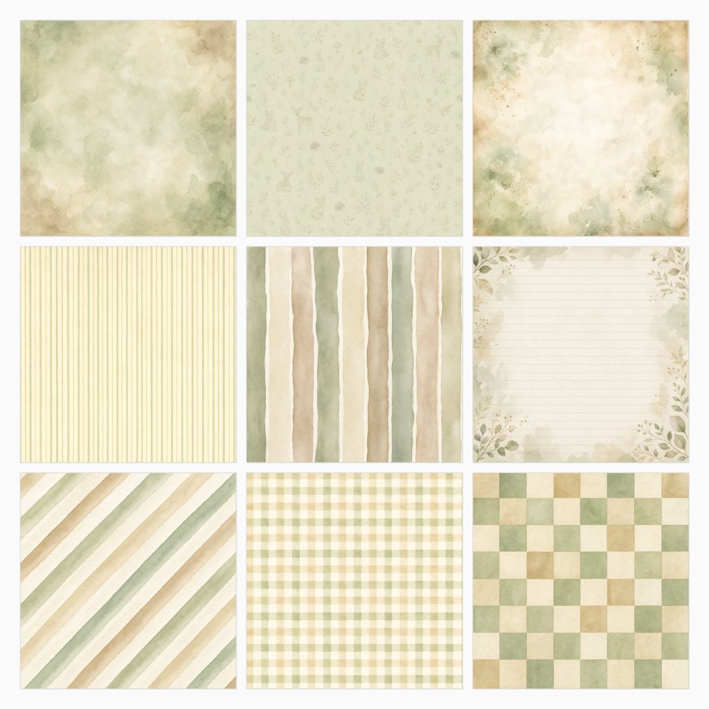 Sage green woodland baby scrapbook papers with foxes, deer, rabbits and botanical patterns