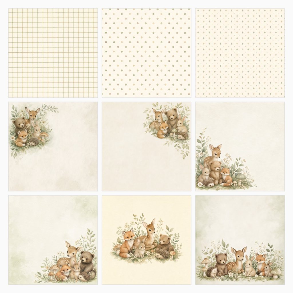 Coordinated neutral and sage woodland digital papers for a baby memory album