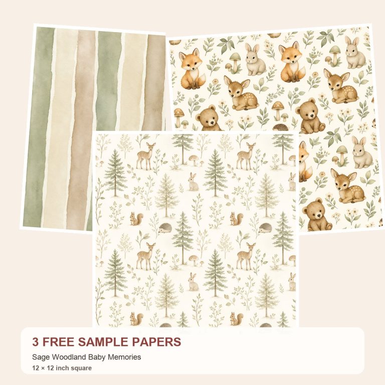 Free Sage Woodland Baby Memories – 3 Printable Scrapbook Paper Samples preview