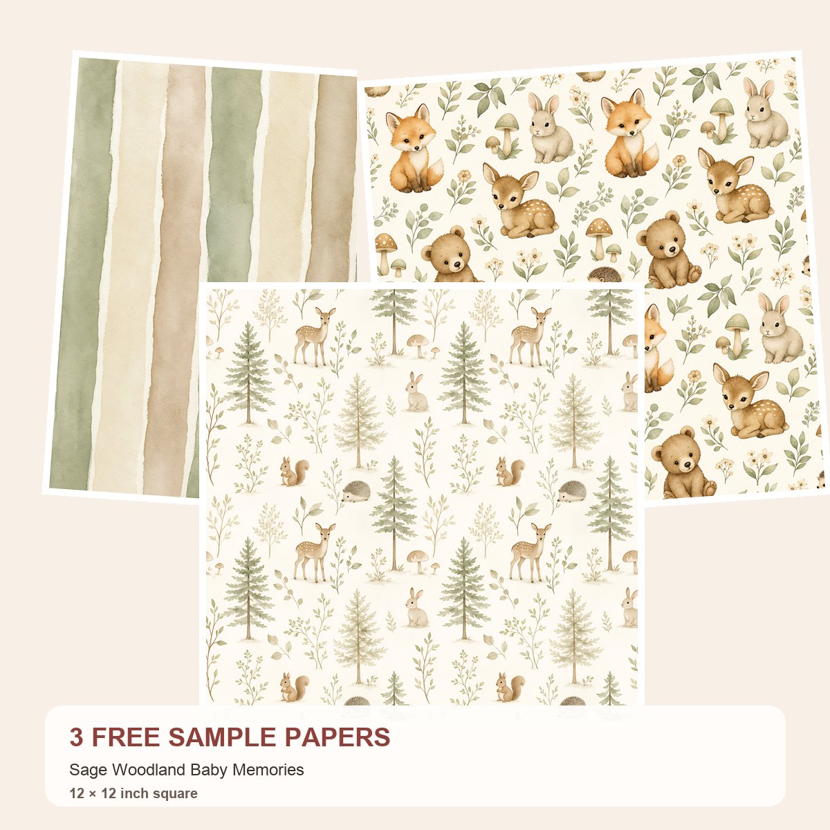 Free Sage Woodland Baby Memories – 3 Printable Scrapbook Paper Samples