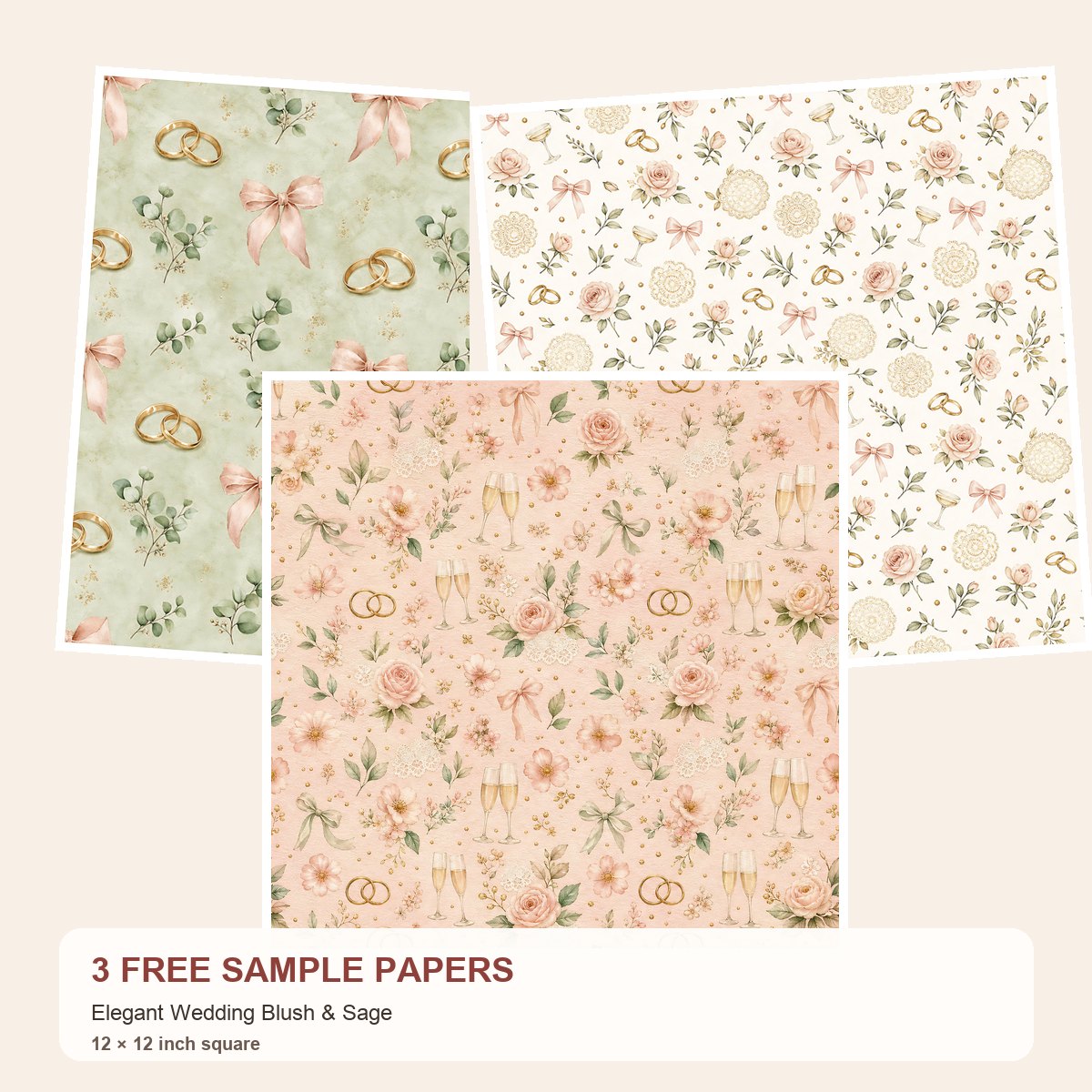Free Elegant Wedding Blush & Sage – 3 Printable Scrapbook Paper Samples