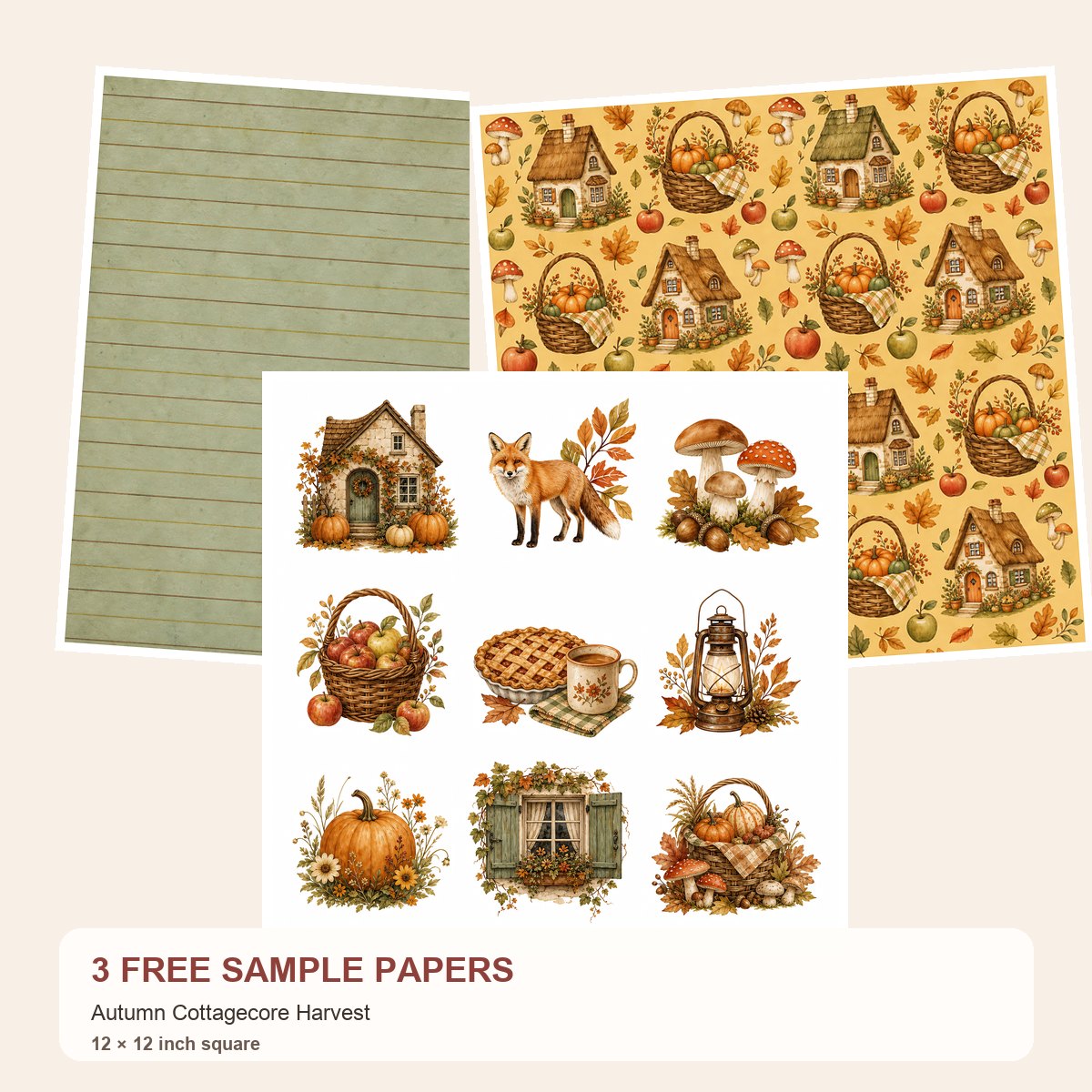 Free Autumn Cottagecore Harvest – 3 Printable Scrapbook Paper Samples