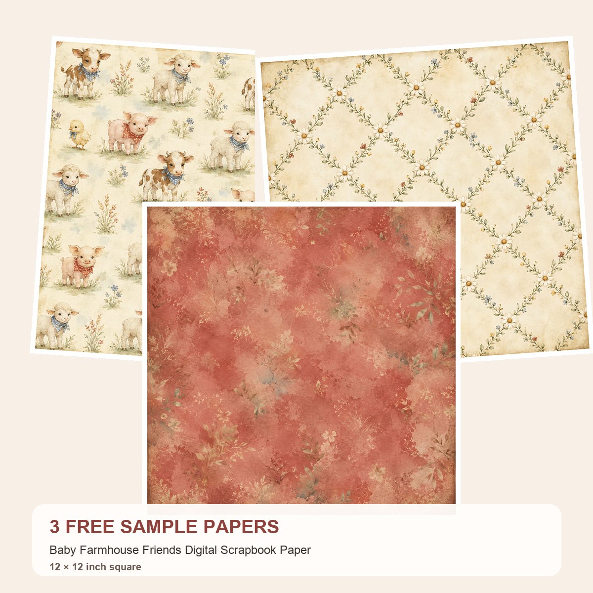 Free Baby Farmhouse Friends – 3 Printable Scrapbook Paper Samples