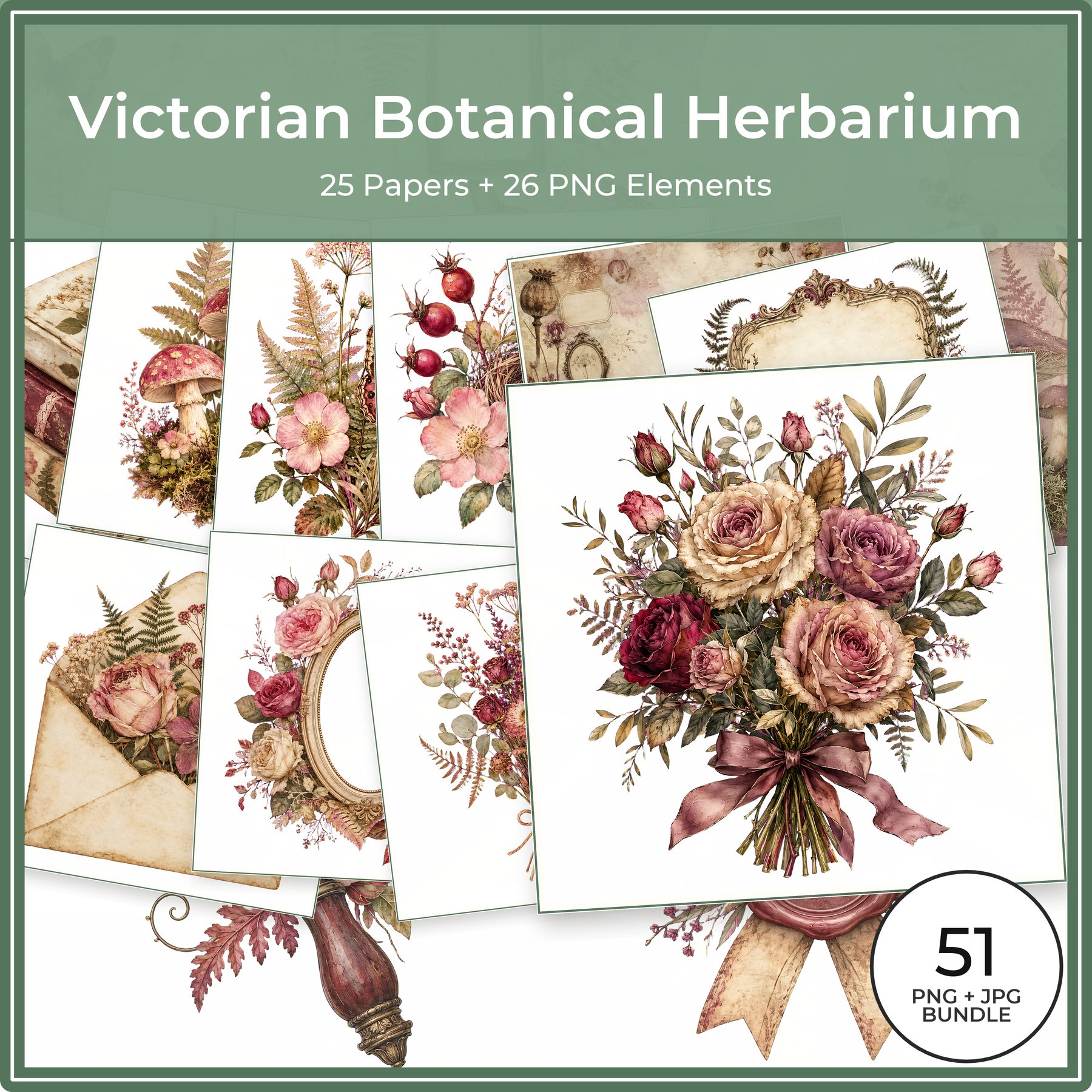 Victorian Botanical Digital Paper & PNG Bundle, 25 Papers + 26 Herbarium Elements, Commercial Use