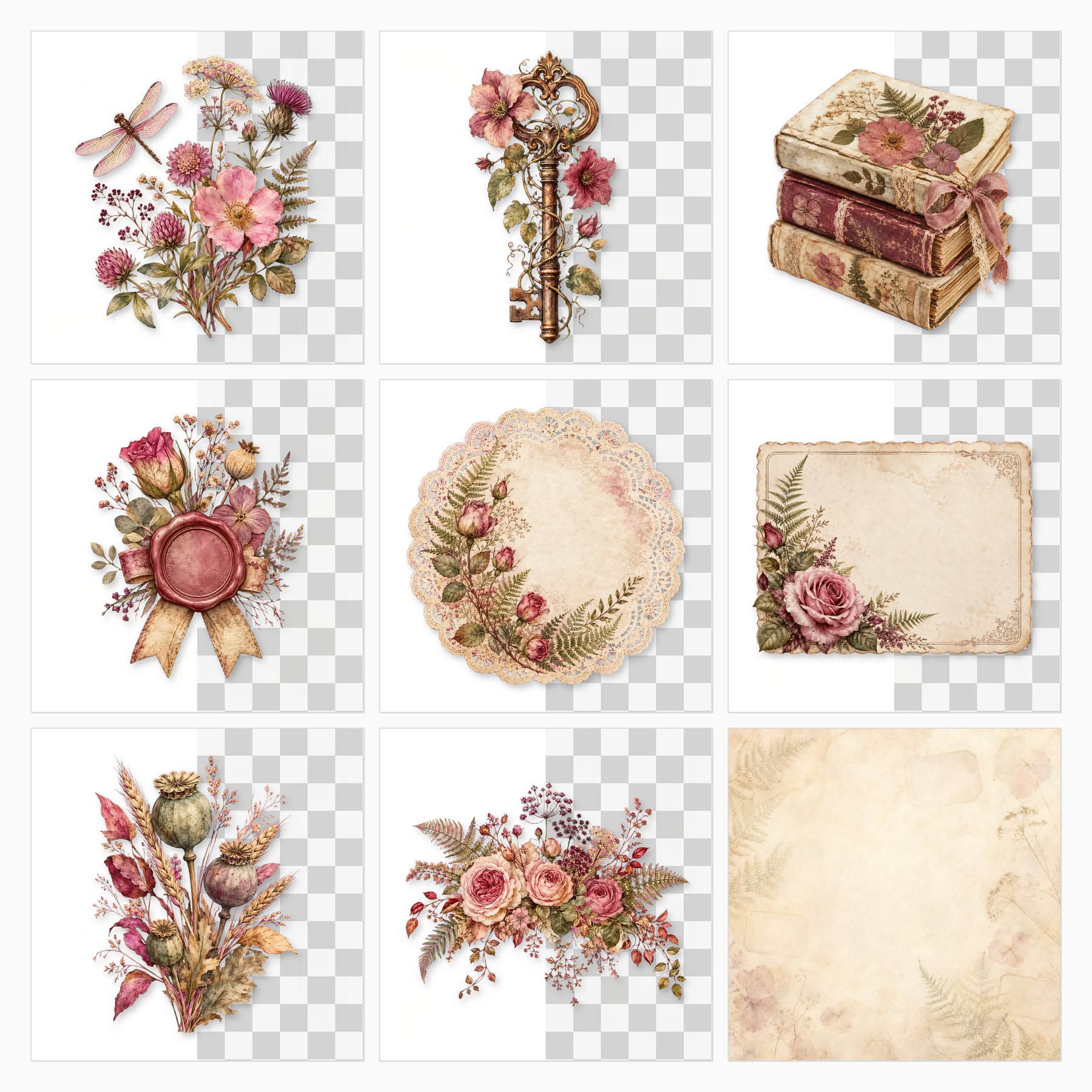 Victorian Botanical Digital Paper & PNG Bundle, 25 Papers + 26 Herbarium Elements, Commercial Use preview 4