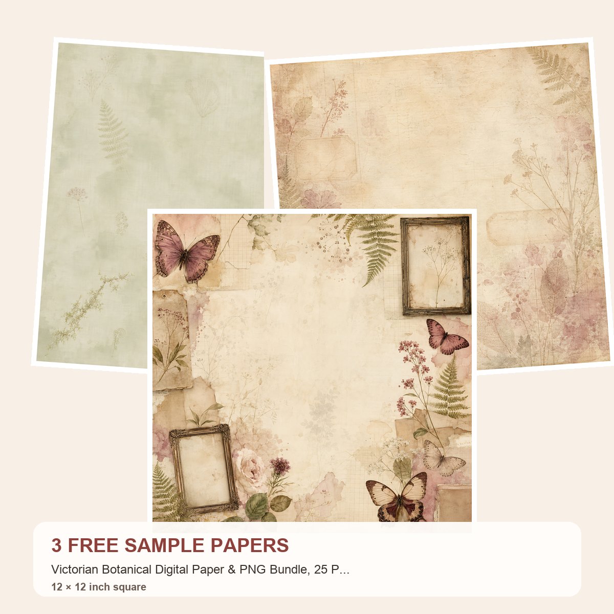 Free Victorian Botanical Digital Paper & PNG Bundle, 25 Papers + 26 Herbarium Elements, Commercial Use – 3 Printable Scrapbook Paper Samples