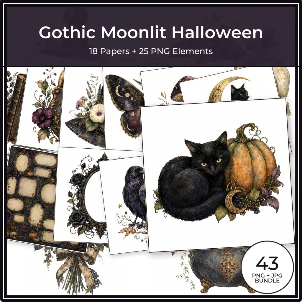 Gothic Moonlit Halloween Digital Paper & PNG Bundle, 18 Papers + 25 Spooky Elements, Commercial Use