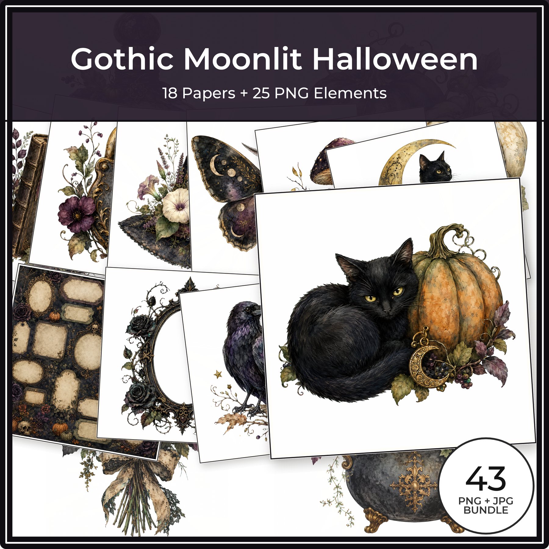 Gothic Moonlit Halloween Digital Paper & PNG Bundle, 18 Papers + 25 Spooky Elements, Commercial Use