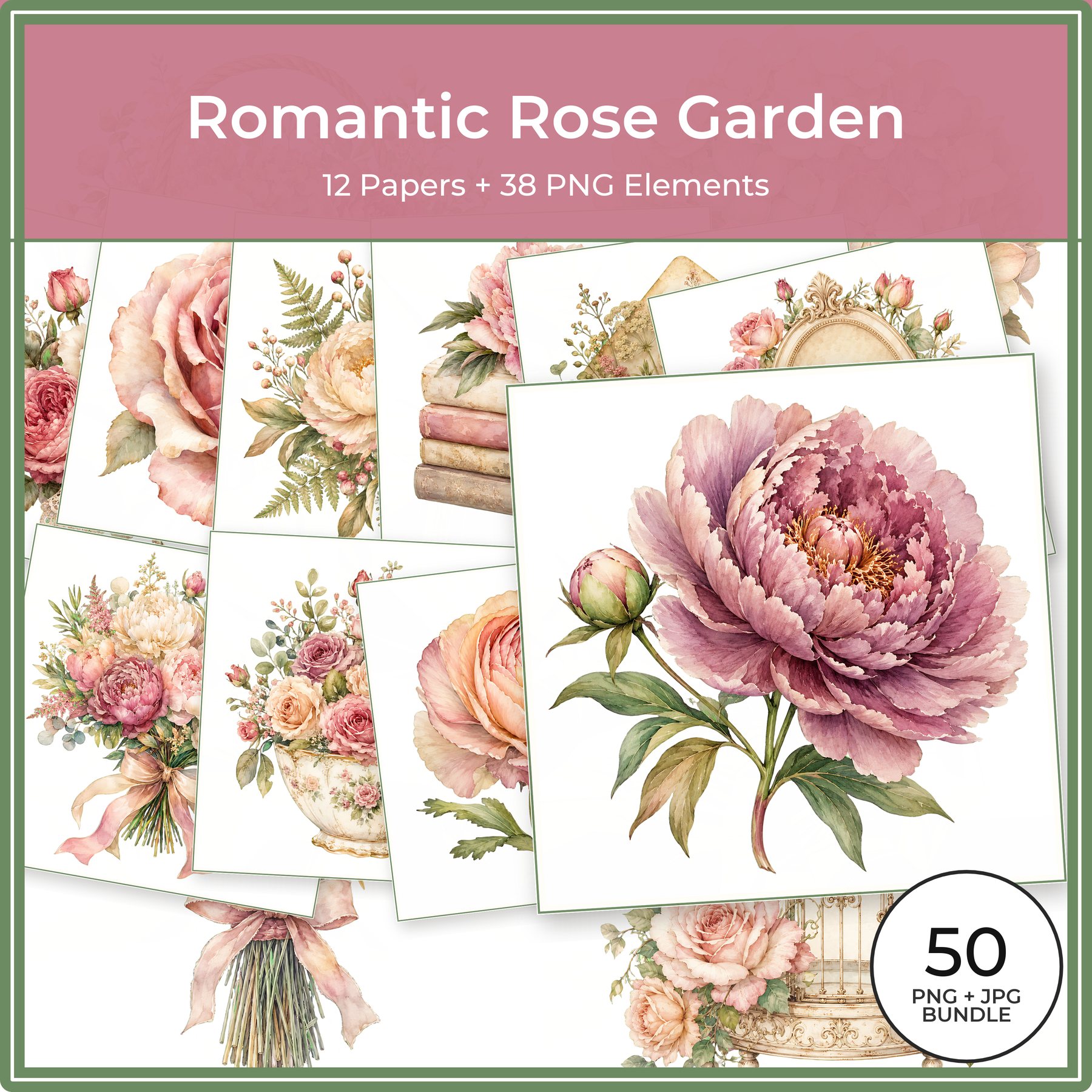 Romantic Rose Garden Digital Paper & PNG Bundle, 12 Papers + 38 Floral Elements, Commercial Use