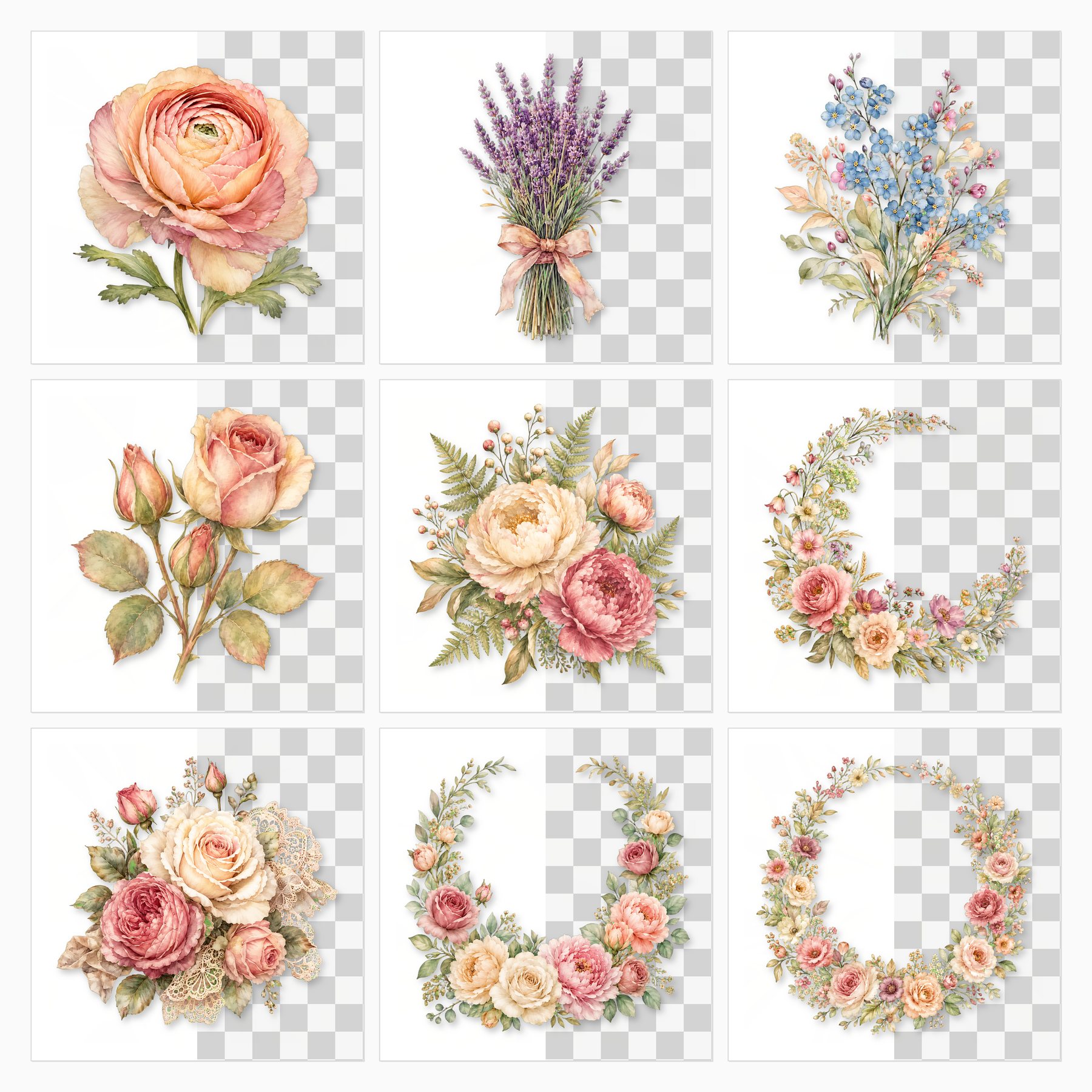 Romantic Rose Garden Digital Paper & PNG Bundle, 12 Papers + 38 Floral Elements, Commercial Use preview 3