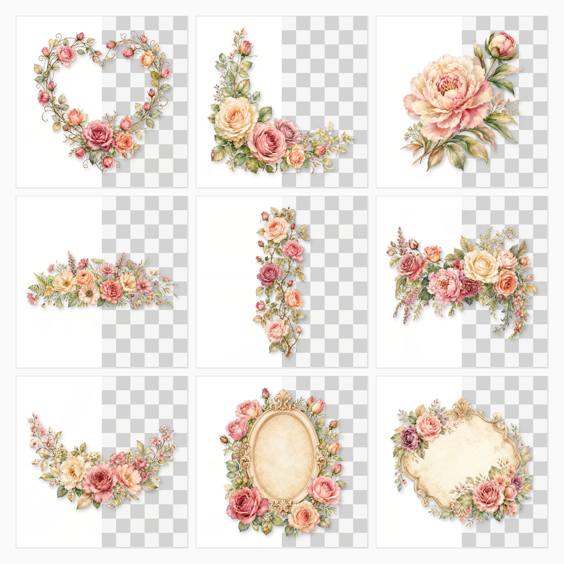 Romantic Rose Garden Digital Paper & PNG Bundle, 12 Papers + 38 Floral Elements, Commercial Use preview 4