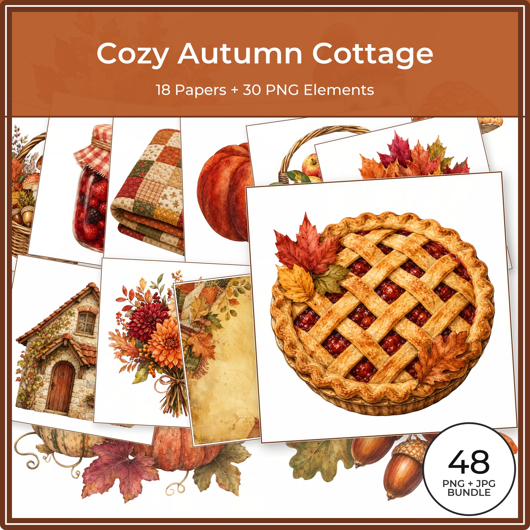 Cozy Autumn Cottage Digital Paper & PNG Bundle, 18 Papers + 30 Fall Elements, Commercial Use