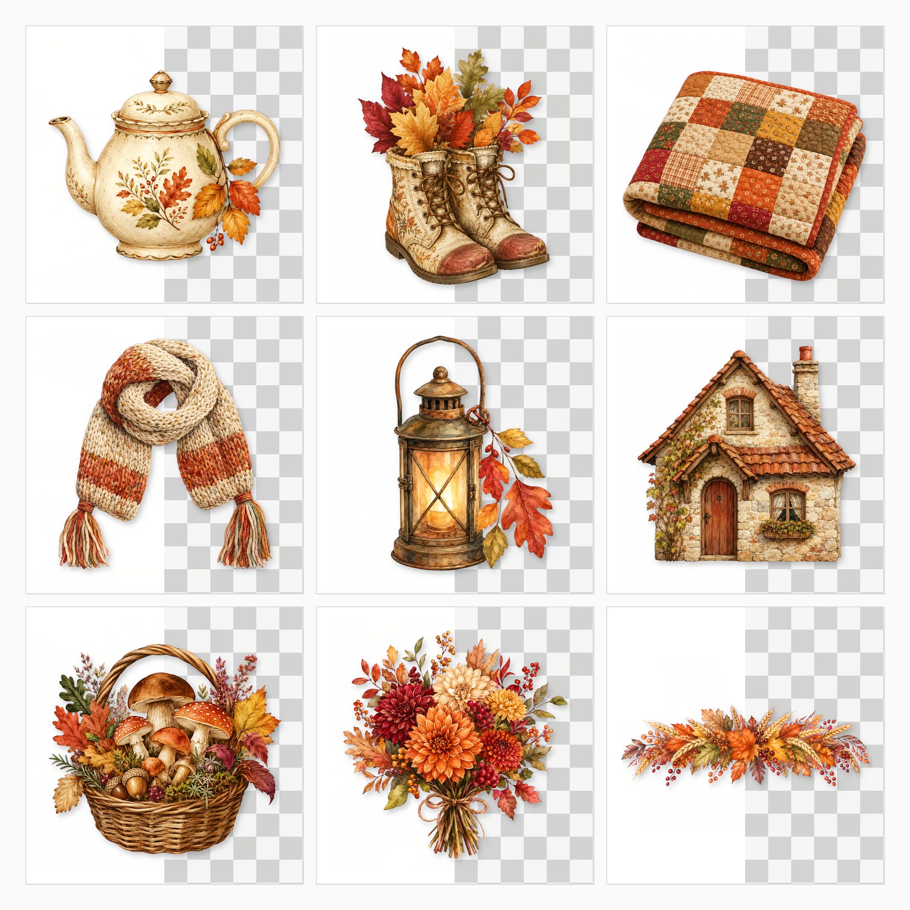 Cozy Autumn Cottage Digital Paper & PNG Bundle, 18 Papers + 30 Fall Elements, Commercial Use preview 3