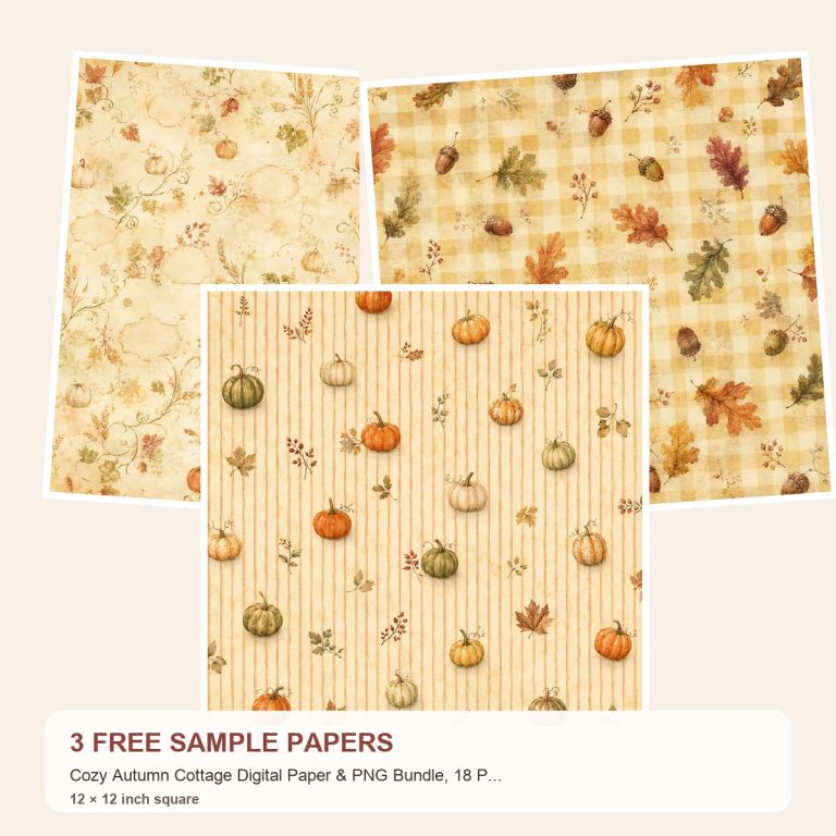 Free Cozy Autumn Cottage Digital Paper & PNG Bundle, 18 Papers + 30 Fall Elements, Commercial Use – 3 Printable Scrapbook Paper Samples preview