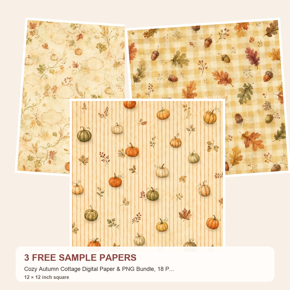 Free Cozy Autumn Cottage Digital Paper & PNG Bundle, 18 Papers + 30 Fall Elements, Commercial Use – 3 Printable Scrapbook Paper Samples