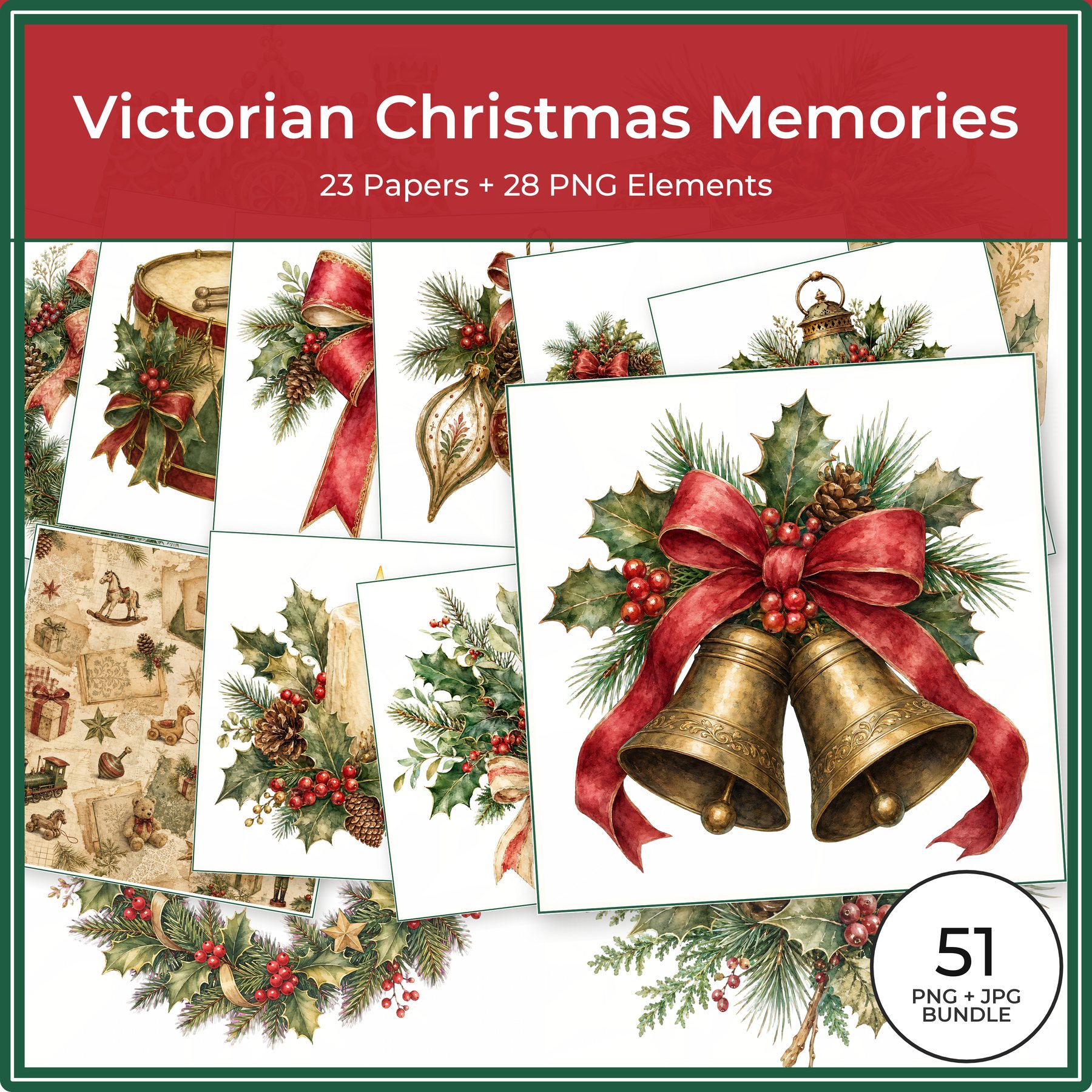 Victorian Christmas Digital Paper & PNG Bundle, 23 Papers + 28 Holiday Elements, Commercial Use